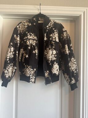 Women's Floral Bomber Jacket - Black with Cream Floral Print